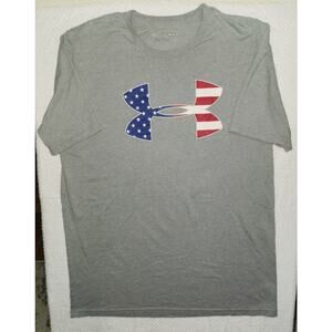 Under Armour Gray w Red/White and Blue Logo Short Sleeve Men's T-Shirt - Size M